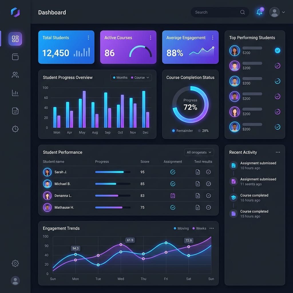 Dashboard de PrimeraMente mostrando métricas de capacitación corporativa: total de estudiantes, cursos activos, engagement promedio y desempeño individual